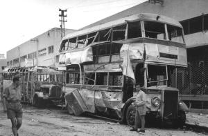 Tel Aviv’s attraction of the 1940s, a double-decker bus, destroyed by Egyptian bombers during an attack on the city¹s central bus terminal in which 41 people were killed.