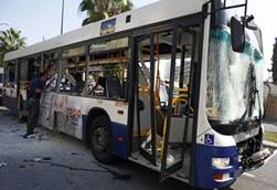 The crippled bus on Tel Aviv’s Shaul Hamelech Road