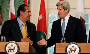 Qatar’s premier Sheikh Hamad bin Jassim al-Thani (left) in Washington with US Secretary of State John Kerry