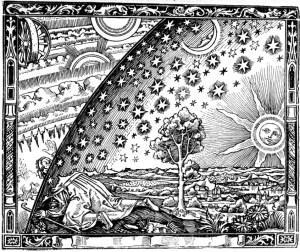 An antique wood engraving by an unknown artist showing a man peeing out beyond the earth’s edge