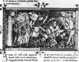 Medieval manuscript showing Jews burned at the stake in Flanders according to the popular antidote to the Black Death
