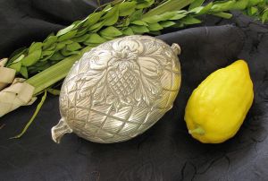 The Succot citron is protectively wrapped in silky flax padding and safeguarded in a covered ornamental box