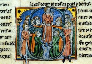 Godfrey of Bouillon (center) as depicted in a 13th Century illustration at the British Museum